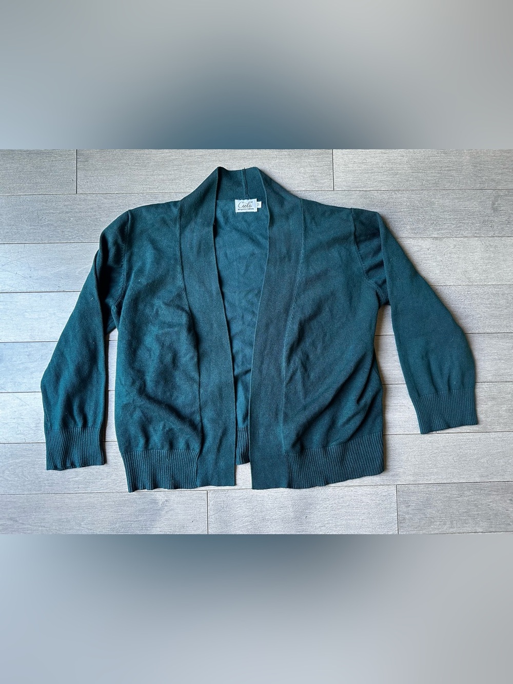 Women’s Cielo Greenish Blue Open Front Ribbed Office Cardigan Knit Trim Medium